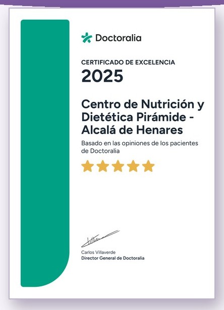 Certificado de Excelencia 2025 de Doctoralia del Centro de Nutrición Pirámide en Alcalá de Henares